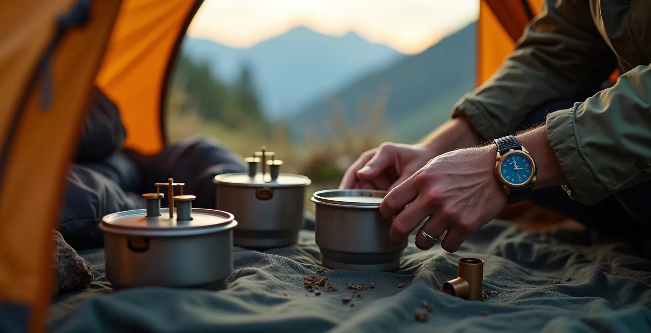 Das modulare Trangia-Kochsystem wird mit erfahrenen Händen in einem Bergcamp zusammengebaut.