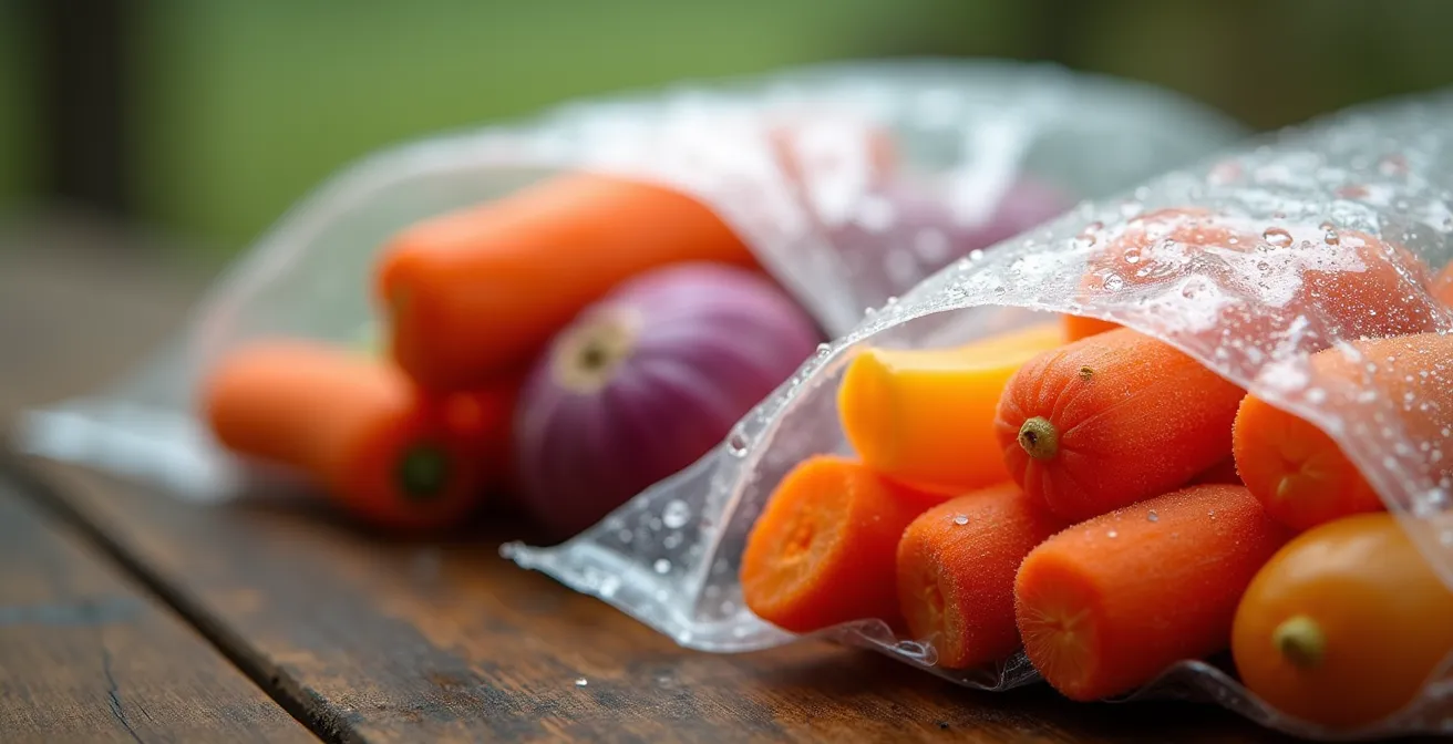 Vorgeschnittenes Gemüse in durchsichtigen Vakuumbeuteln für Camping