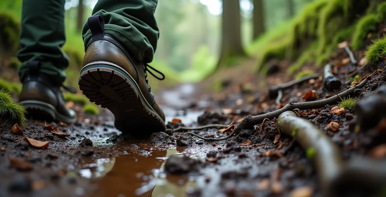Steiler Waldpfad im deutschen Mittelgebirge mit Wanderer