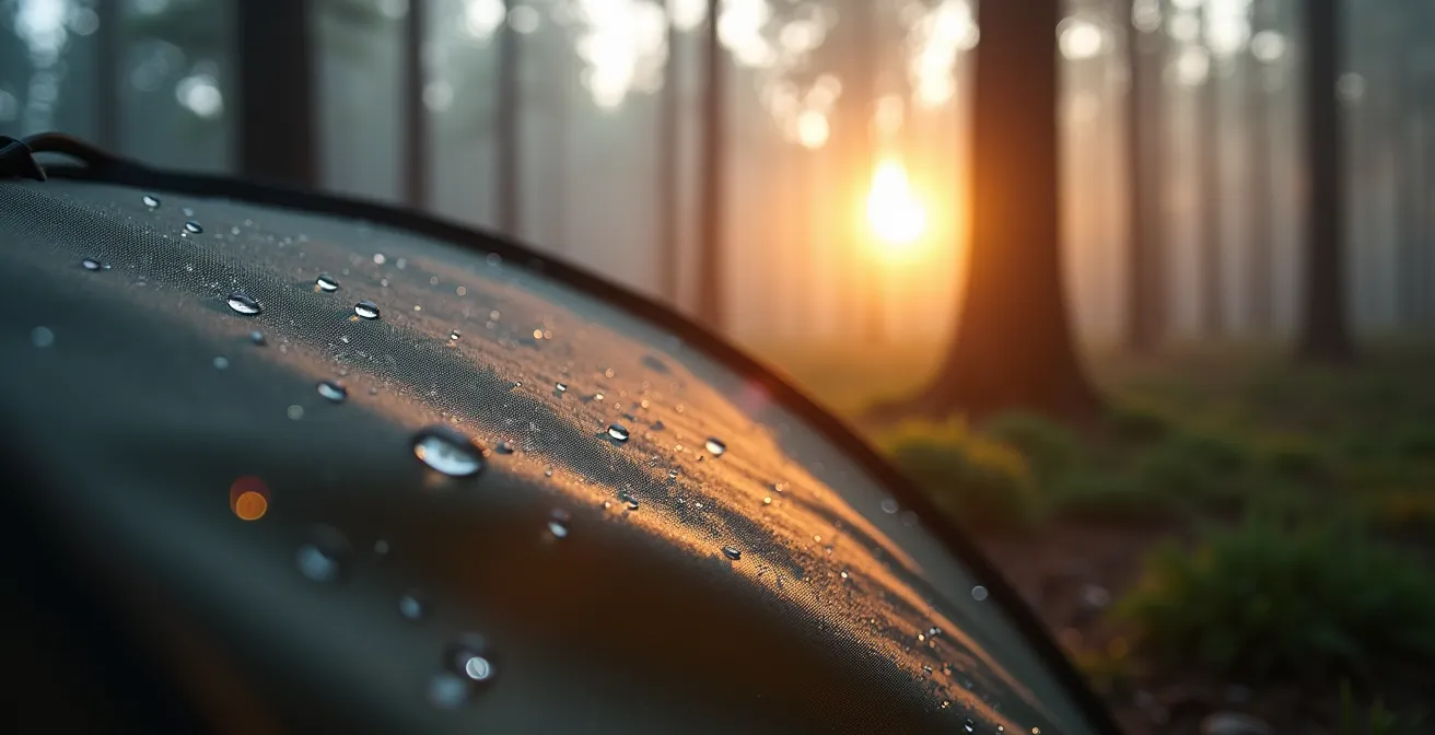 Einsames Zelt im nebligen Schwarzwald bei Sonnenaufgang