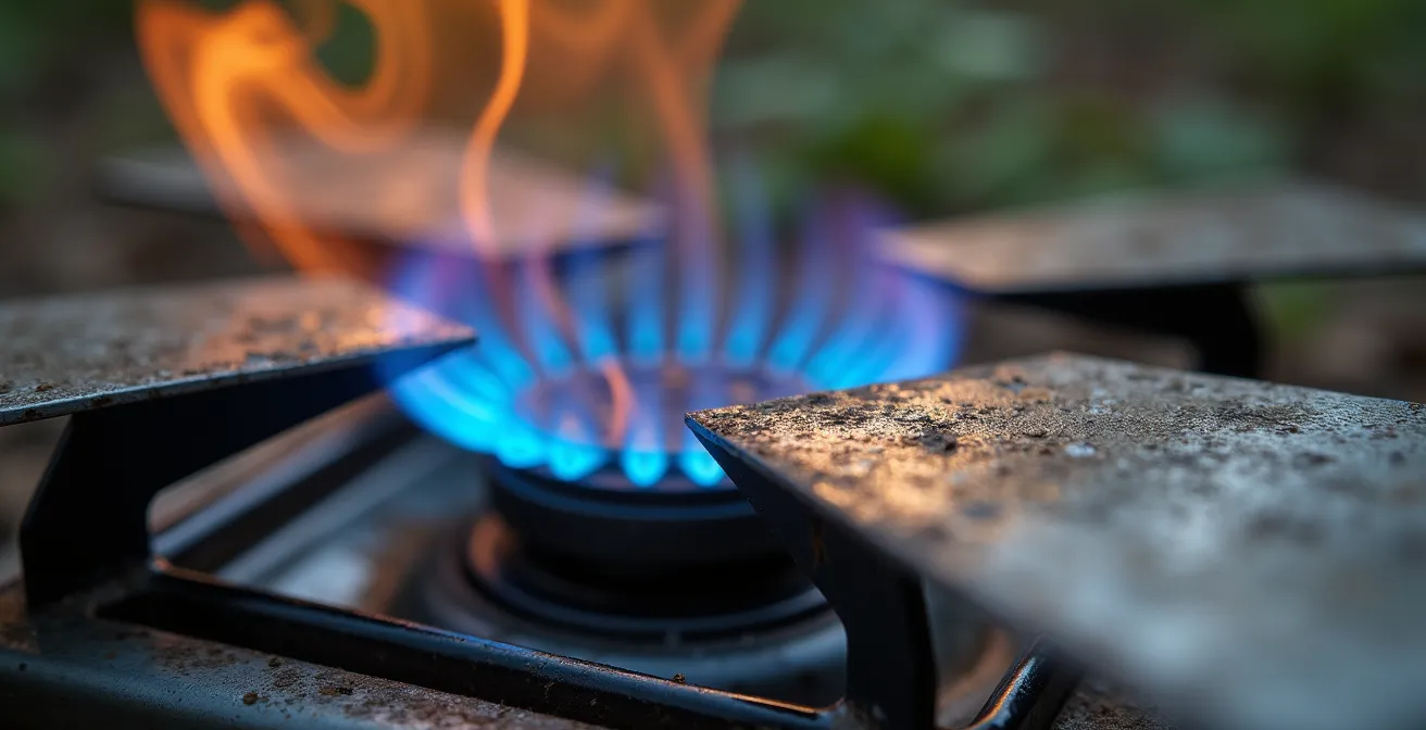 Makroaufnahme eines improvisierten Windschutzes aus Aluminiumplatten um einen Campingkocher