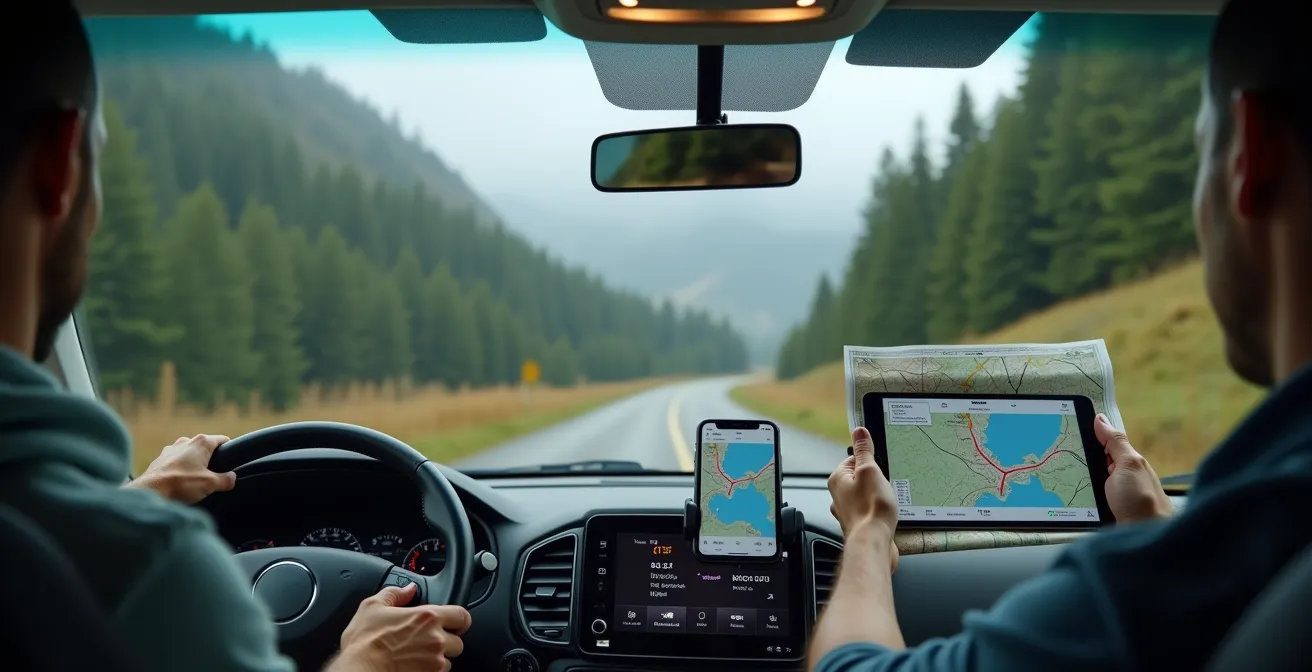 Cockpit eines Wohnmobils mit Tablet, Smartphone und Papierkarte für redundante Navigation