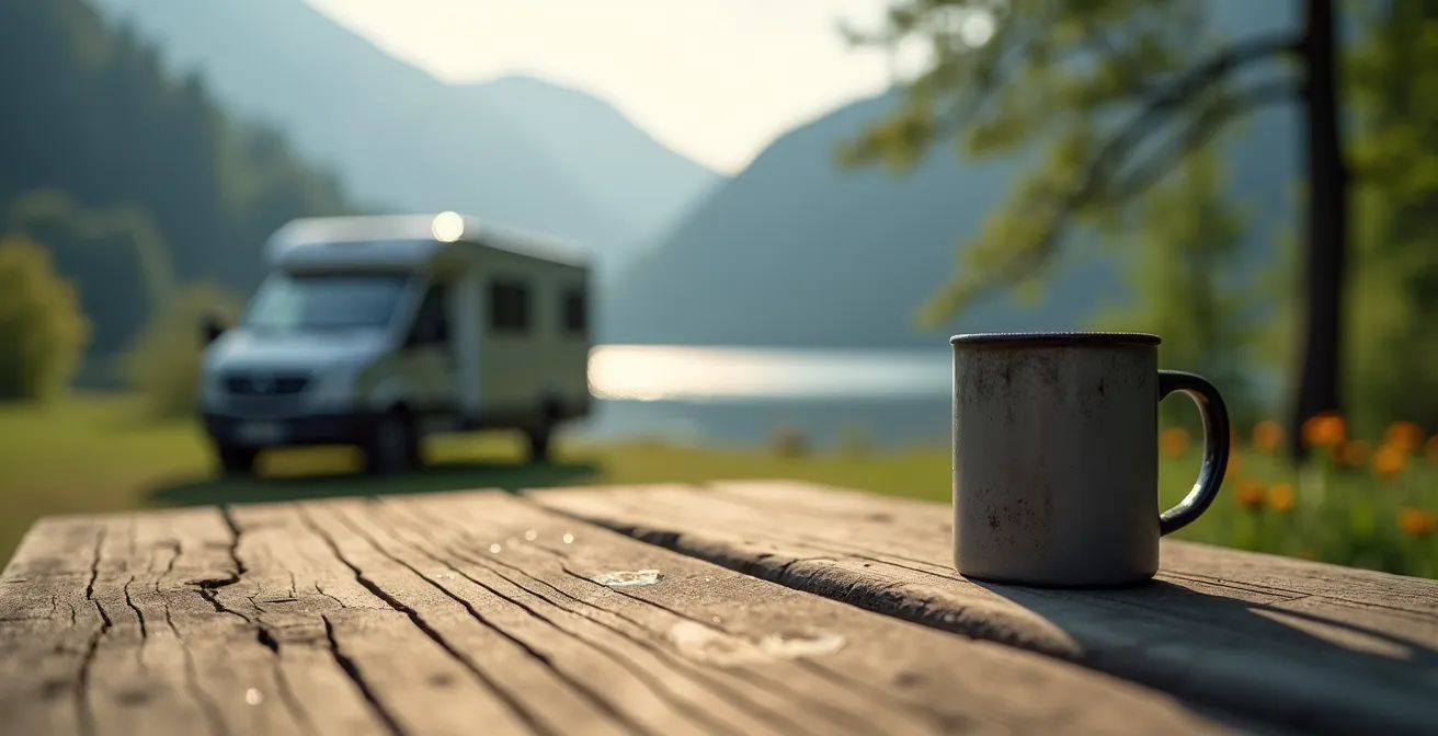 Ein Wohnmobil steht auf einem ruhigen Stellplatz mit malerischem Blick auf einen Bergsee in der Abenddämmerung.