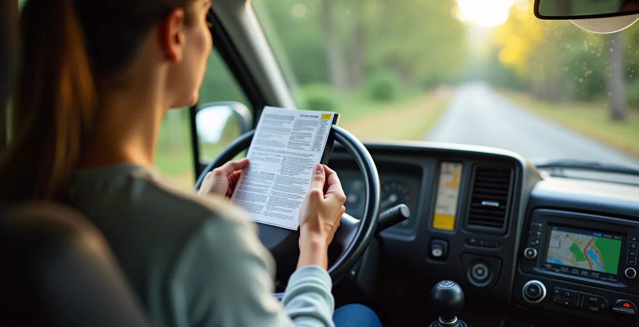 Fahrer überprüft systematisch Cockpit und Dokumente vor Abfahrt