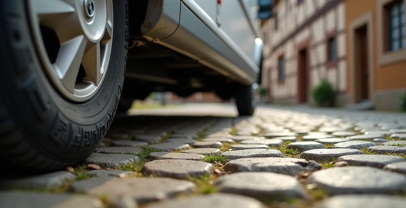 Großes Wohnmobil in enger deutscher Dorfstraße zwischen Fachwerkhäusern