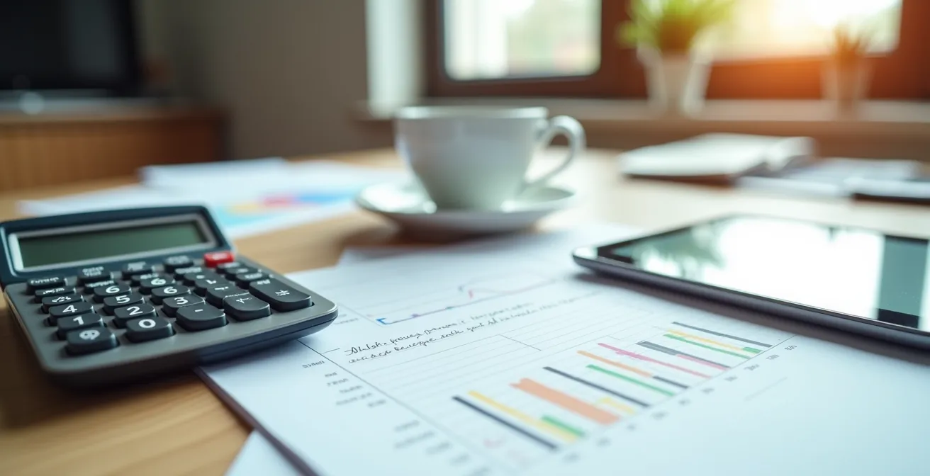 Durchdachte Finanzplanung für Wohnmobilkauf mit Taschenrechner und Dokumenten