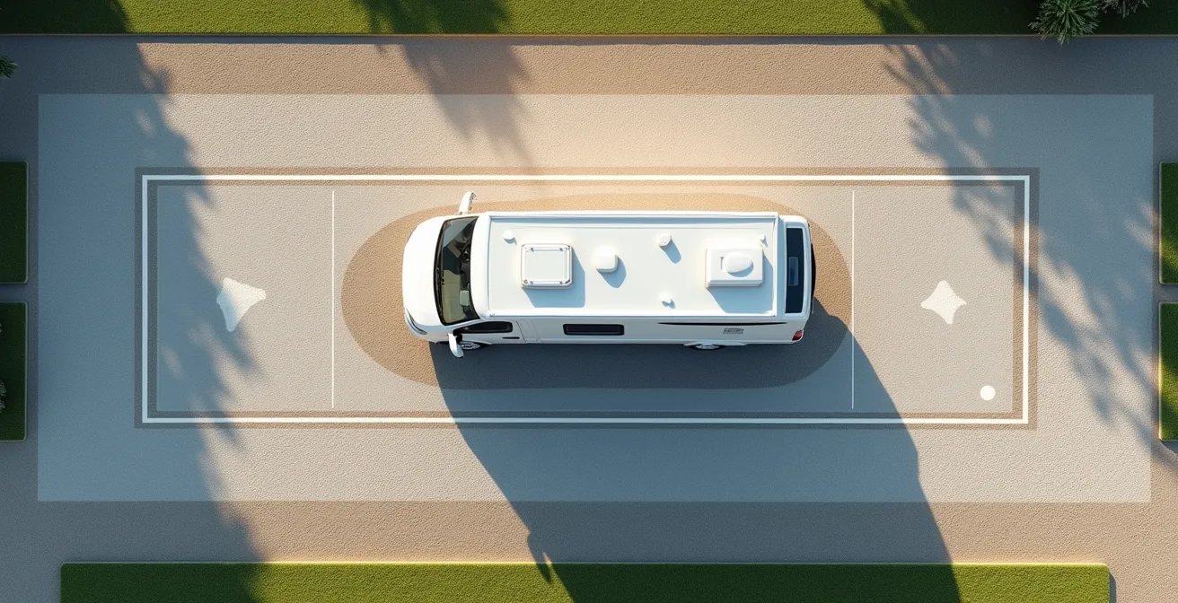 Draufsicht auf einen Wohnmobilstellplatz mit eingezeichneten Abstandszonen für Markise und Rangierraum.
