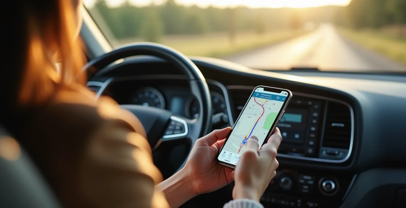 Hand hält Smartphone mit einer Karten-App zur Stellplatzsuche im Cockpit eines Wohnmobils.