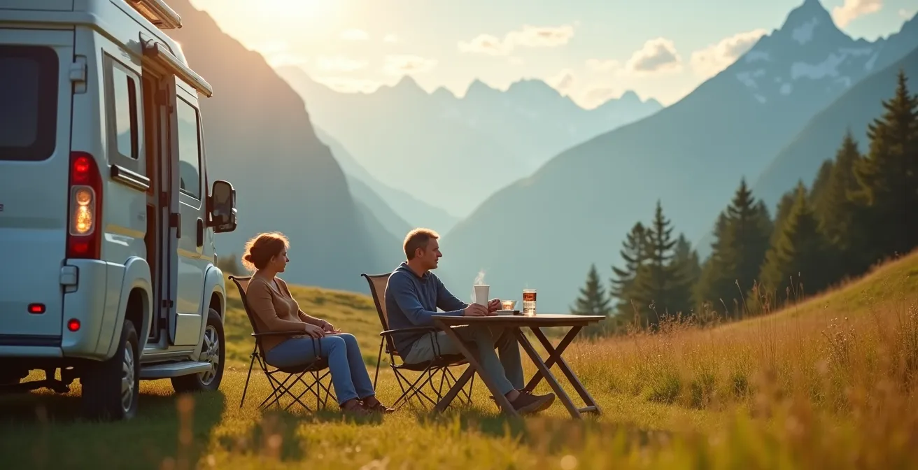 Wohnwagen auf idyllischem Bergcampingplatz mit Alpenpanorama für Zwischenstopp