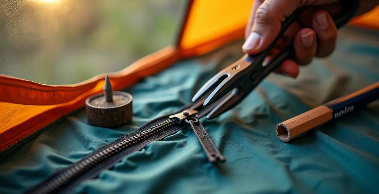Detailaufnahme einer Reißverschluss-Reparatur am Zelteingang mit improvisierten Werkzeugen