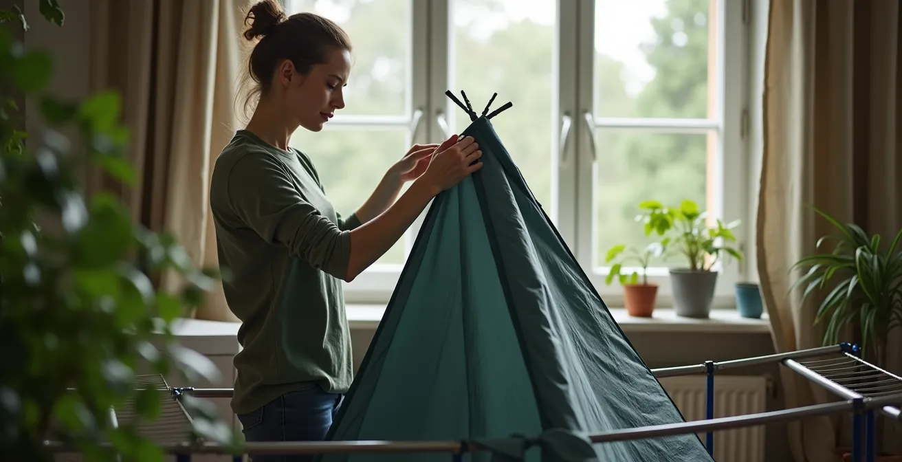 Zelt auf Wäscheständer in deutscher Stadtwohnung zum Trocknen