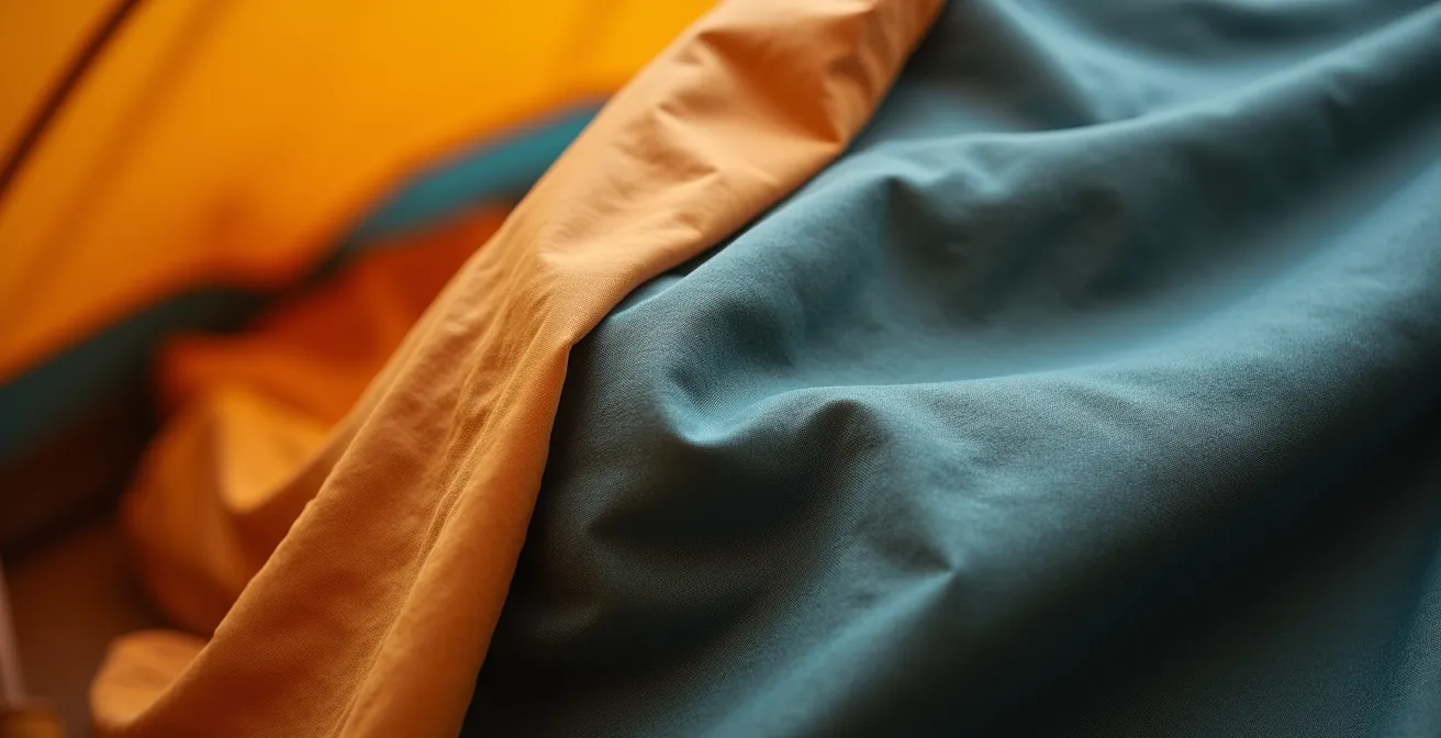 Ein locker gefaltetes Zelt liegt zum Trocknen in einem gut belüfteten, trockenen Kellerraum, um Stockflecken vorzubeugen.