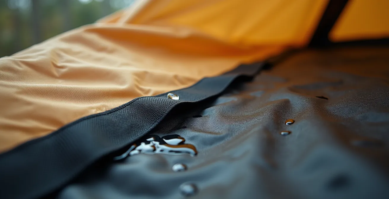 Extreme Nahaufnahme einer versiegelten Zeltnaht mit Wassertropfen